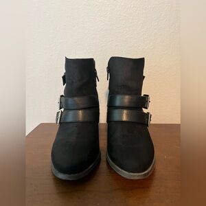 Mossimo black booties with strap and buckle details. Size 7.5